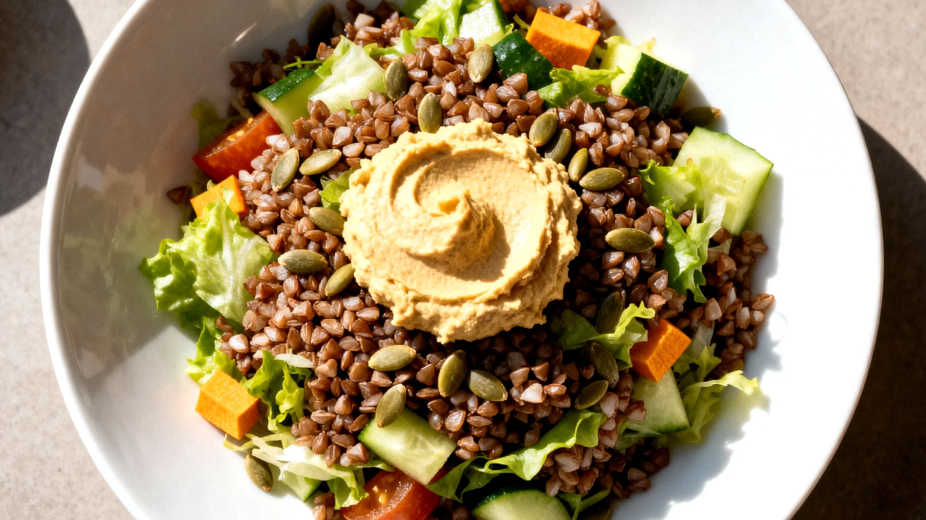 Insalata di grano saraceno con verdure croccanti, semi di zucca e hummus"