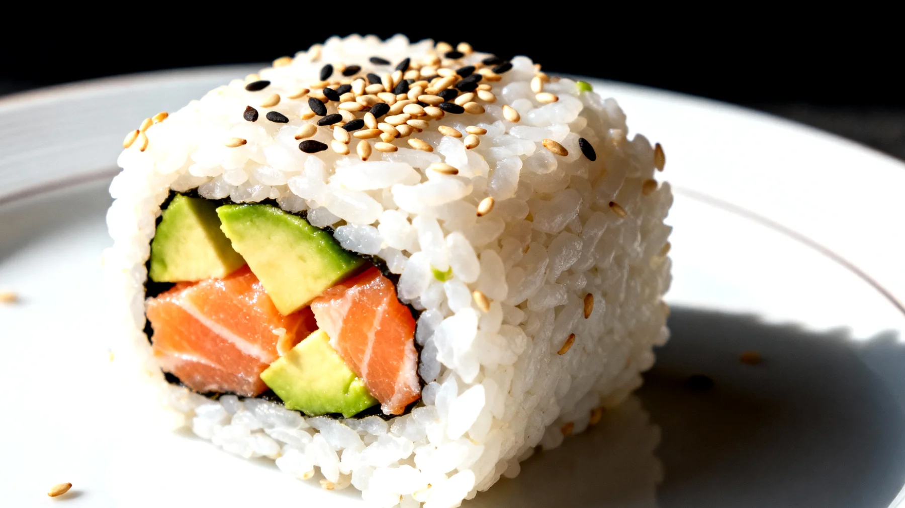 Onigiri con salmone, avocado e semi di sesamo"