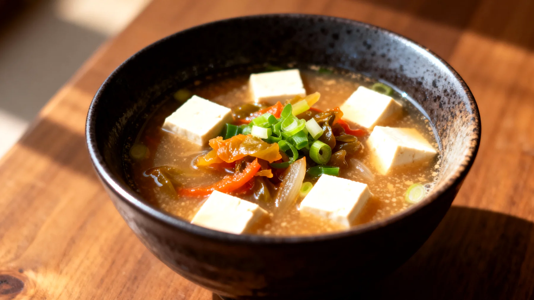 Zuppa di miso con verdure fermentate e tofu"