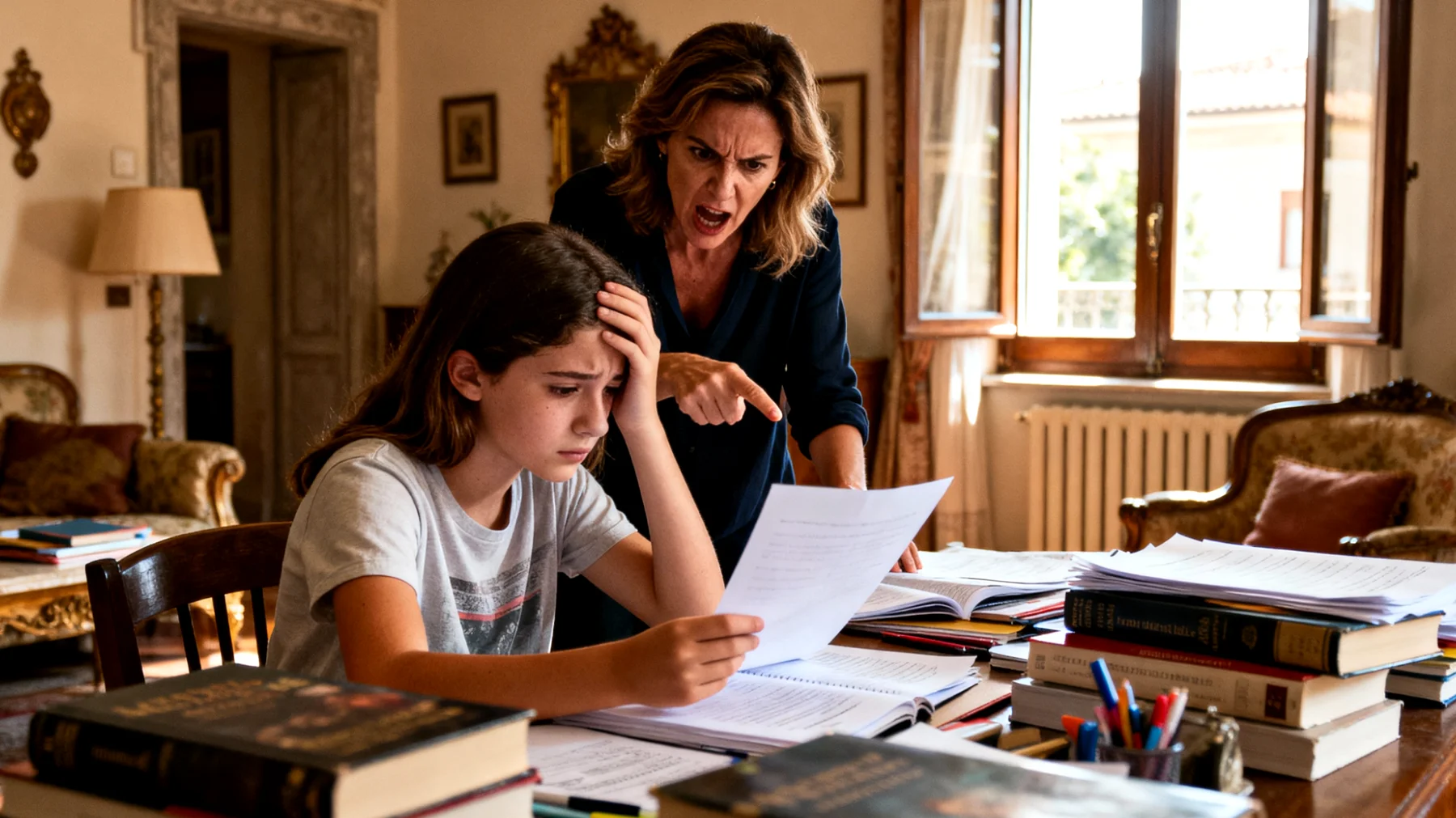 Una mamma che esercita pressioni eccessive sulla figlia adolescente riguardo ai risultati scolastici, alle prestazioni sportive e alle aspettative di successo, creando tensione nel rapporto e ansia nella ragazza"