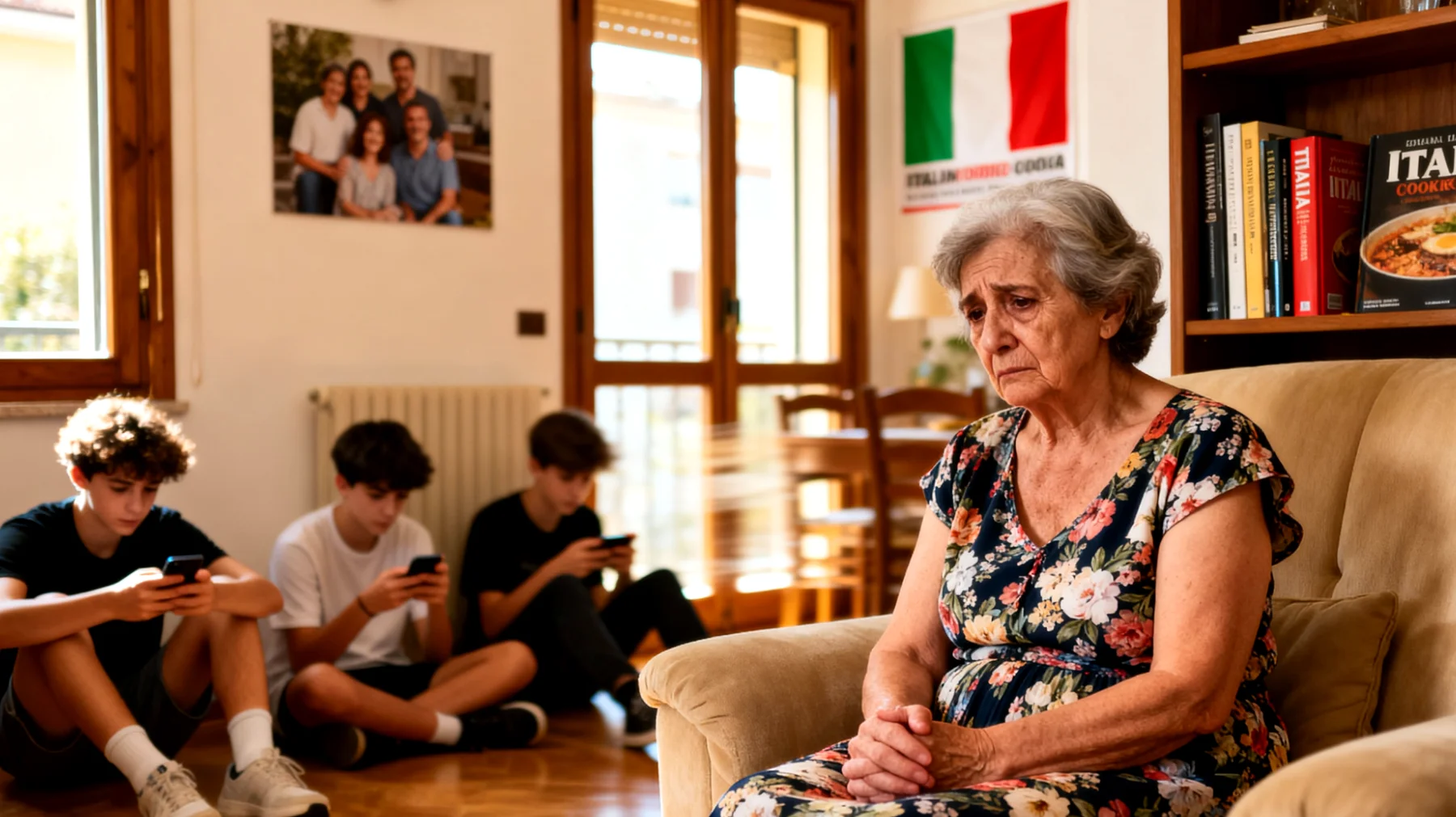 Nonna che teme di perdere il legame affettivo con i nipoti adolescenti che si stanno allontanando emotivamente, mostrano meno interesse per gli incontri familiari e preferiscono trascorrere tempo con i coetanei o sui social media"