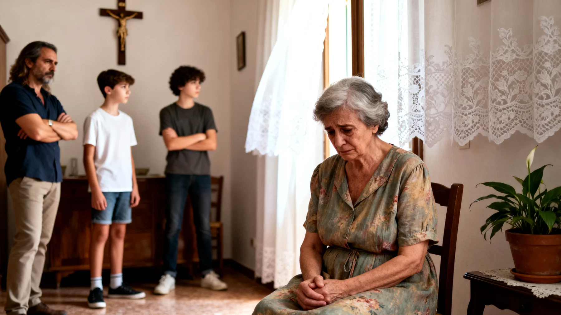 Nonna che si sente esclusa o in contrasto con i genitori degli adolescenti riguardo alle scelte educative, creando tensioni familiari e confusione nei nipoti"