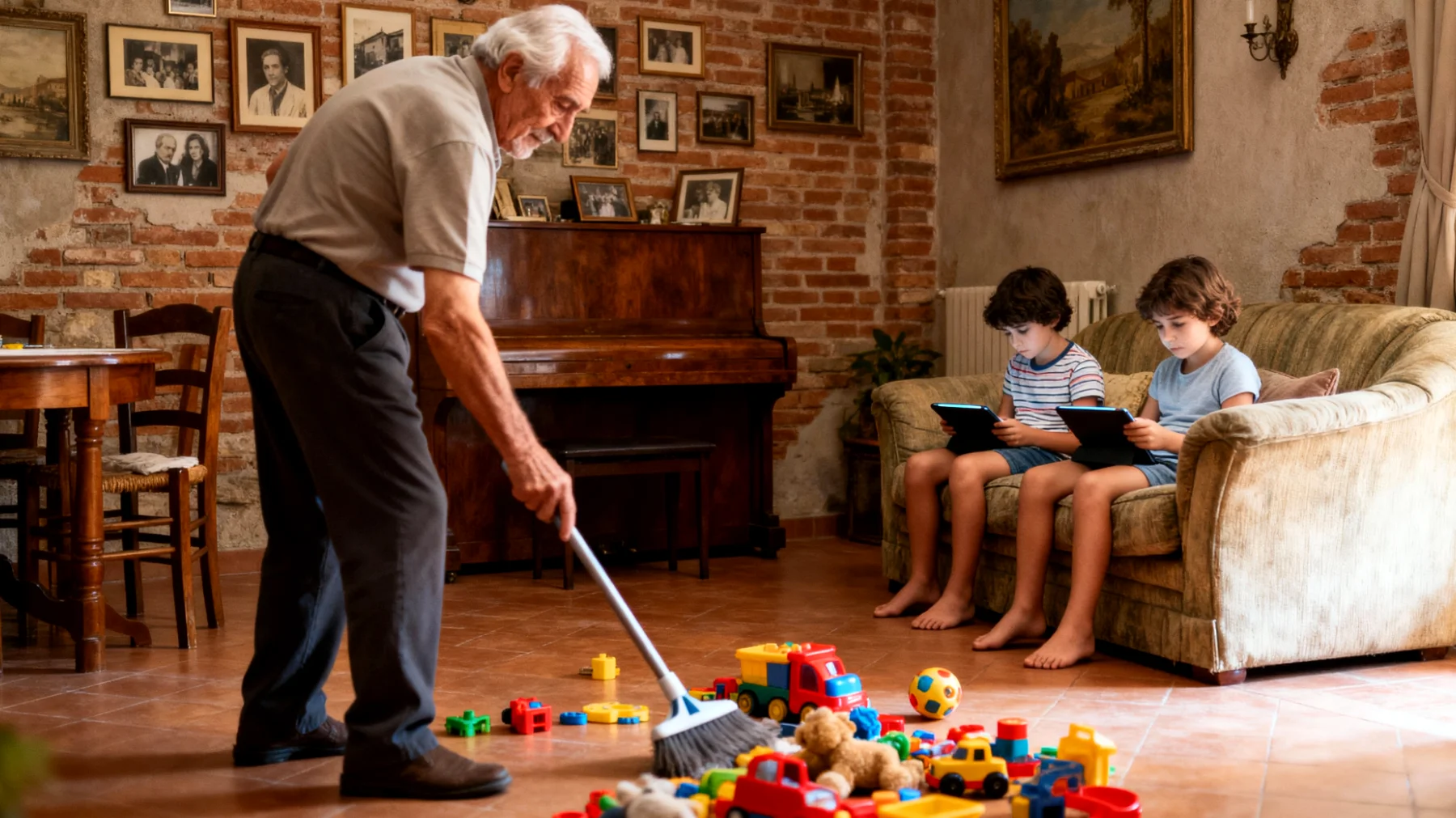 Il nonno fatica a coinvolgere i nipoti bambini nelle attività quotidiane come riordinare i giochi, apparecchiare o preparare la merenda, spesso cedendo alla loro resistenza o facendo tutto da solo per evitare capricci e perdite di tempo"