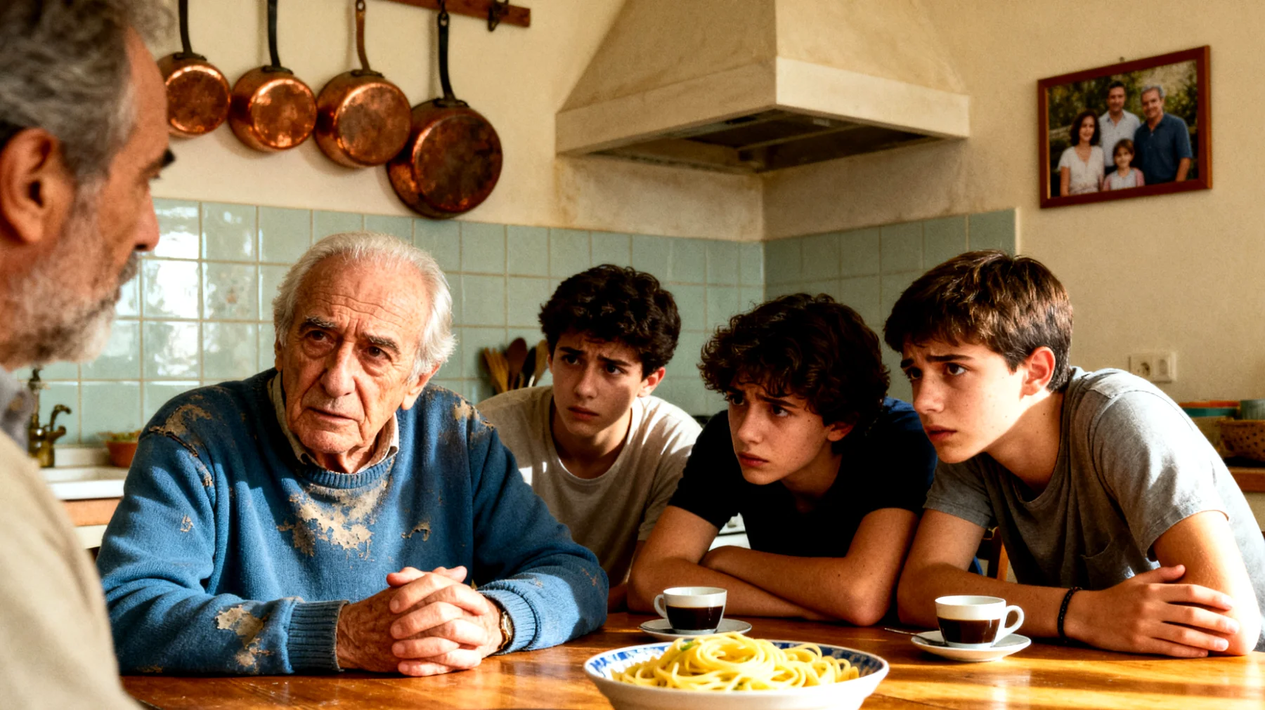 Nonno che fatica ad aiutare i nipoti adolescenti ad affrontare cambiamenti importanti come il passaggio alle scuole superiori, traslochi, separazioni dei genitori o cambiamenti fisici della pubertà, sentendosi inadeguato nel fornire supporto emotivo adeguato a questa fase delicata"