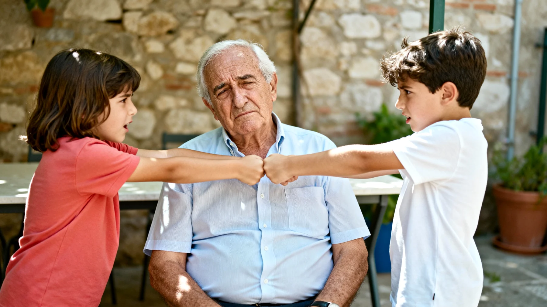 Il nonno si trova in difficoltà nel gestire la gelosia e la rivalità tra i nipotini piccoli, che si manifestano con litigi continui, richieste esclusive di attenzione e talvolta piccoli dispetti reciproci, mettendo a dura prova la sua pazienza e capacità di mediazione"