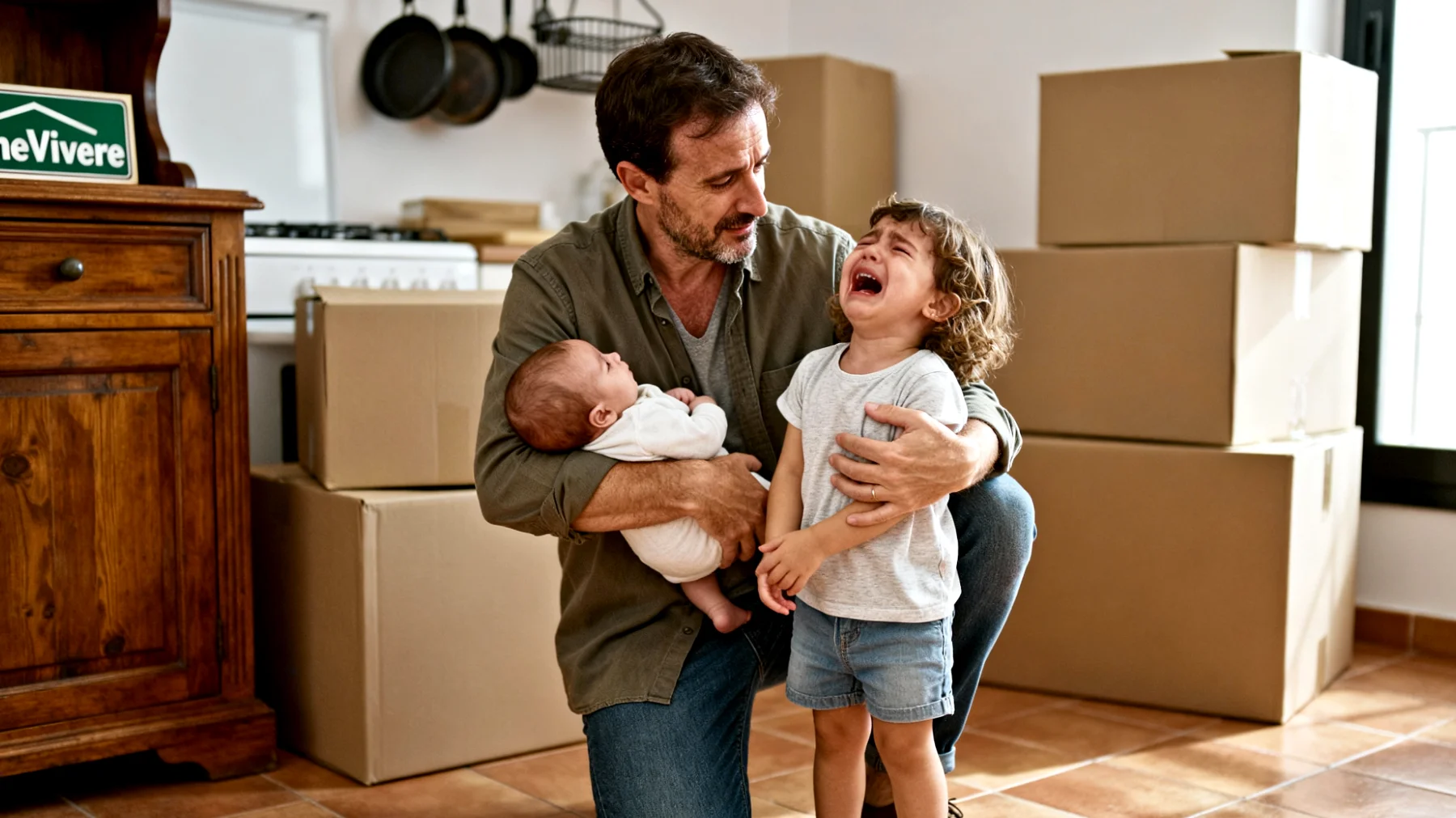 Papà che fatica a gestire le reazioni emotive dei bambini piccoli di fronte ai cambiamenti della routine familiare (nuovo asilo, trasloco, nascita di un fratellino)"