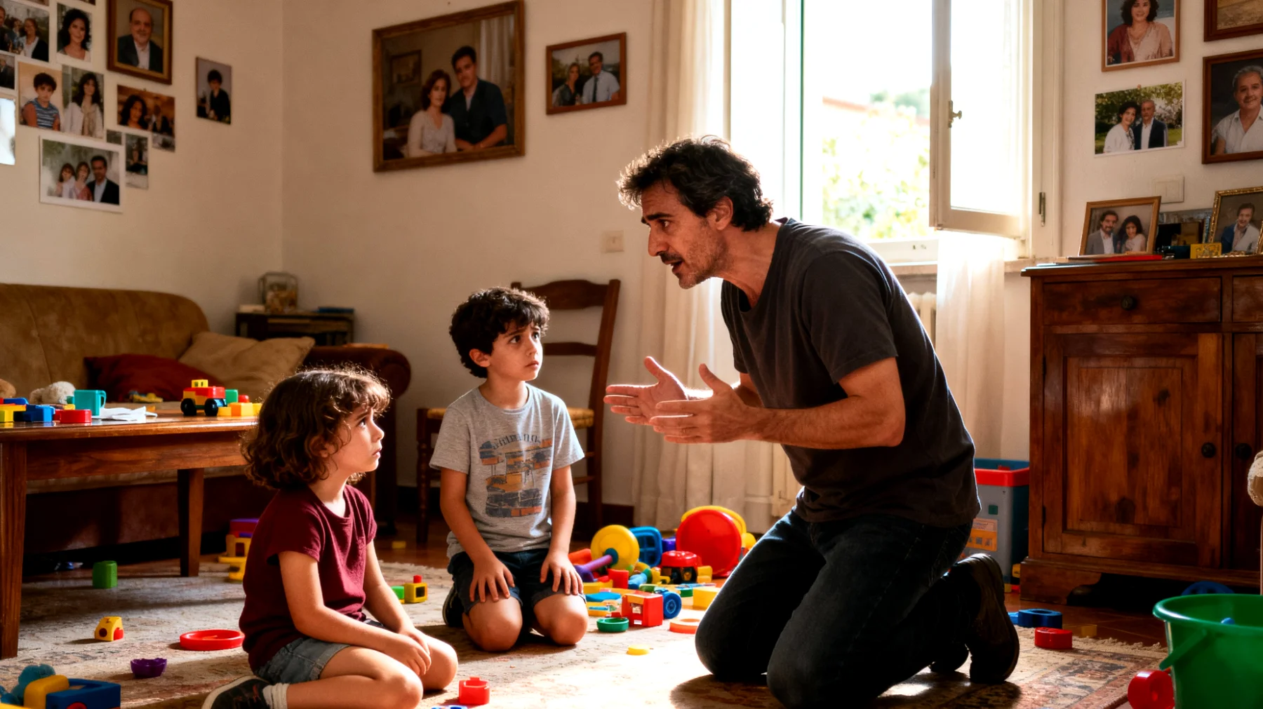 Papà che fatica a comunicare efficacemente con i propri bambini piccoli, creando incomprensioni e frustrazione reciproca nel quotidiano"