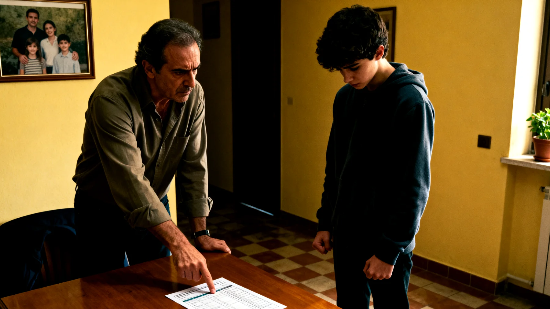 Un papà che esercita pressioni eccessive sugli adolescenti riguardo ai risultati scolastici, alle performance sportive o ad aspettative troppo elevate, creando tensione, ansia da prestazione e possibile allontanamento emotivo"