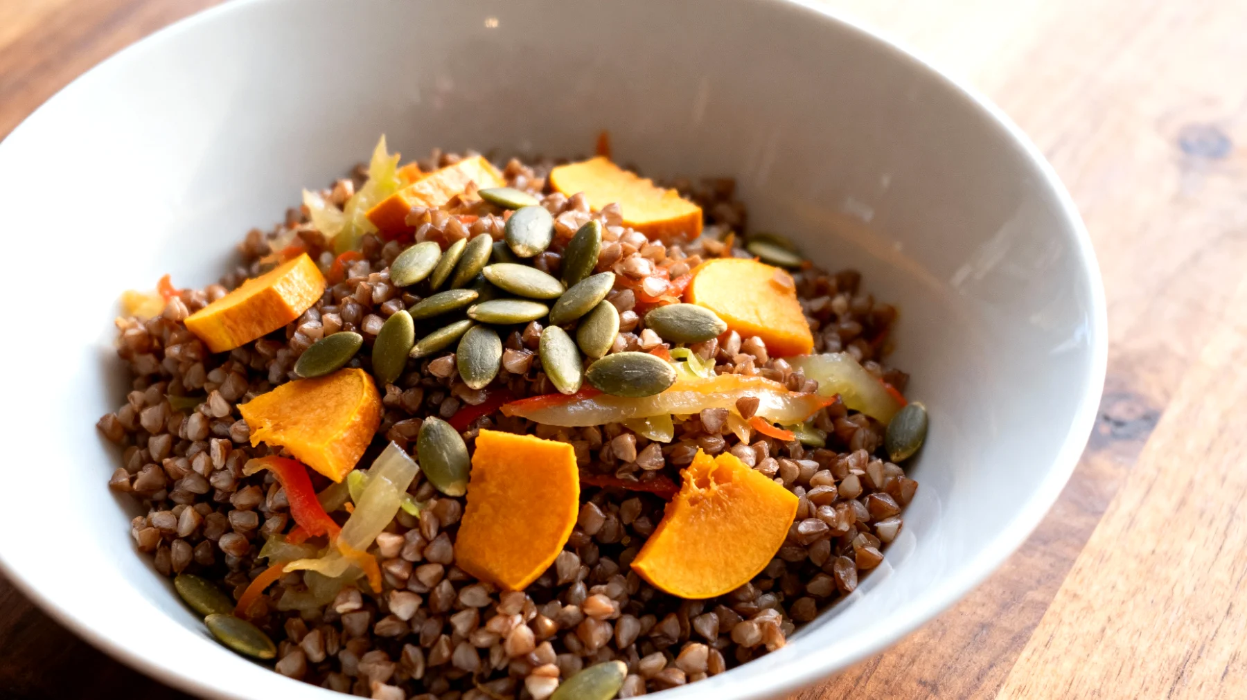Insalata di grano saraceno con verdure fermentate e semi di zucca"