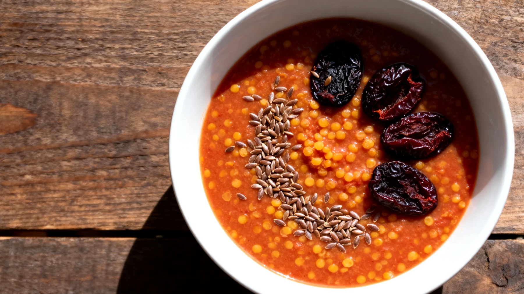 Zuppa di lenticchie rosse decorticate con prugne secche e semi di lino"
