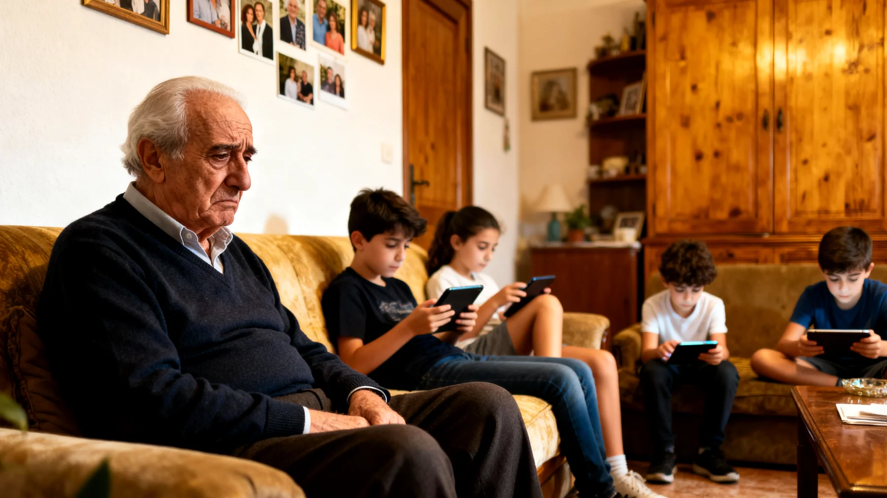 Il nonno fatica a relazionarsi con i nipoti bambini a causa delle differenze generazionali: i piccoli sono attratti da giochi digitali e tecnologie che lui non comprende, mentre lui vorrebbe condividere attività tradizionali e racconti del passato che i bambini trovano noiosi o poco interessanti"
